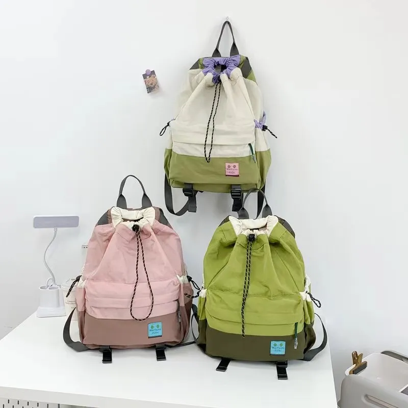 Drawstring Backpack High School Student Nylon Canvas Travel Commuter Backpack Casual Color Contrast Backpack