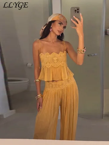 Beach Floral Lace Hollow Out Women's Pants Sets Ruffles Spaghetti Strap Crop Tops Loose Pleated Lantern Pant 2026 Summer Suits