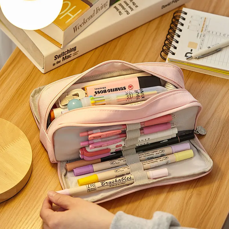 Imagem -02 - Angoo-cute Canvas Pencil Case para Meninas Macaron Pencil Box Bolsa Escolar Multicamadas Kawaii Pen Bolsa Papelaria de Armazenamento