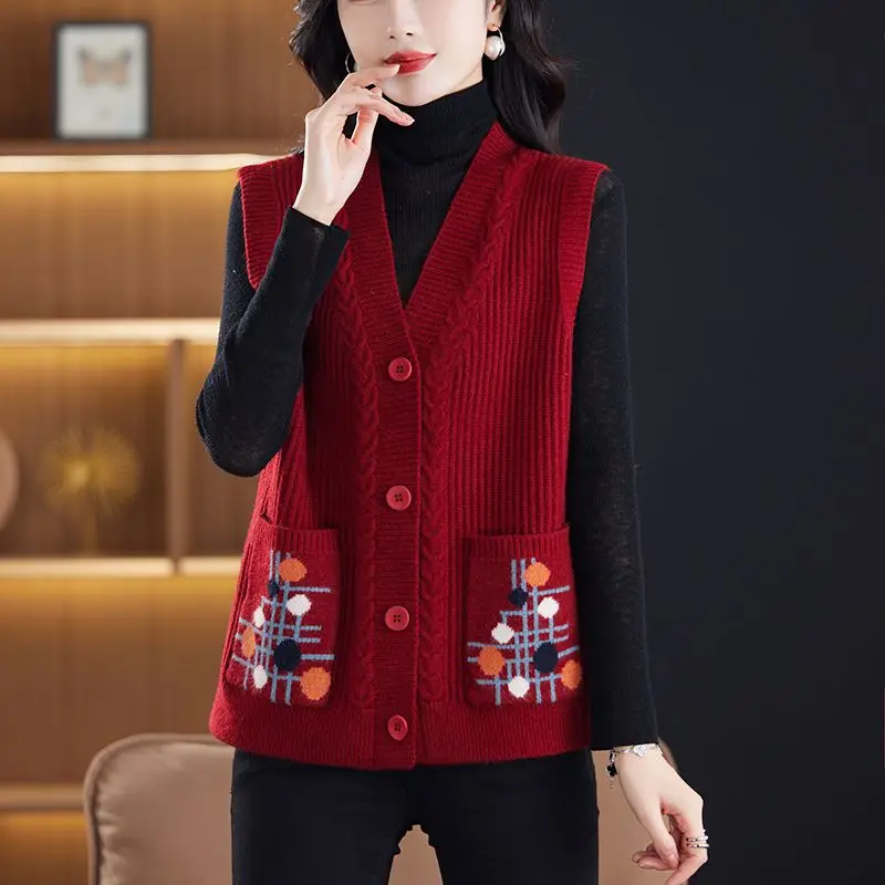 Novo colete de tricô casaco feminino primavera outono 2026 mãe de meia idade sem mangas jaqueta curta cardigan high-end senhoras colete topo