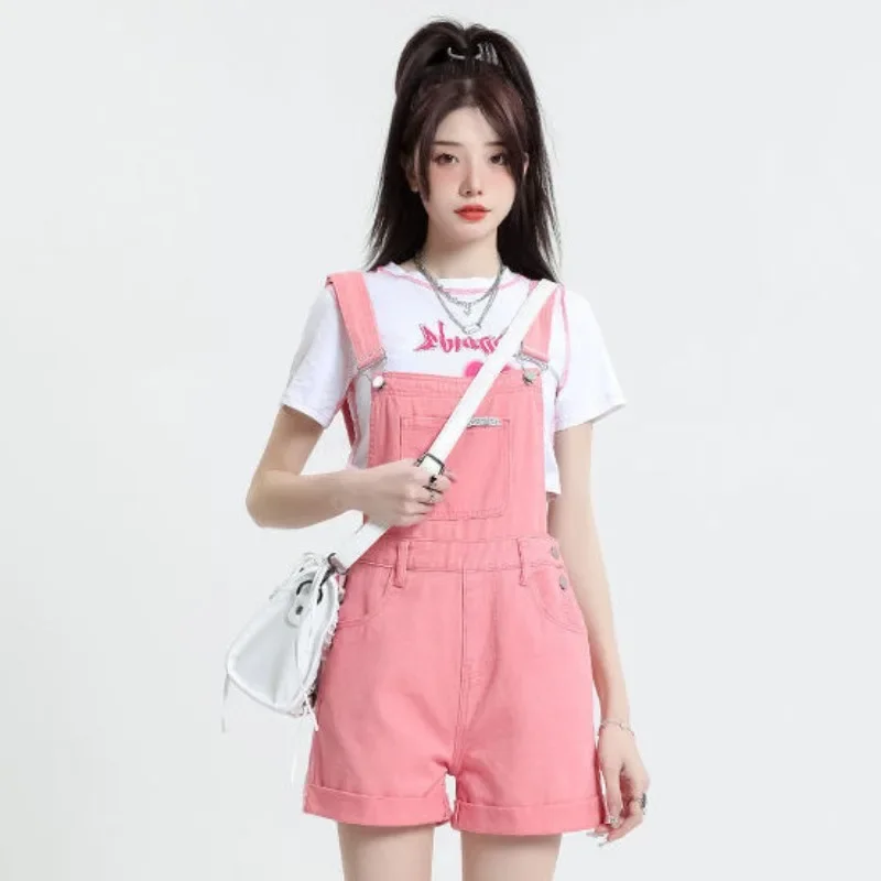 

Japanese Harajuku Women's High Waisted Pink Denim Overalls Shorts Vintage Denim Jumpsuit Pants Y2k Clothes Vacation Outfit