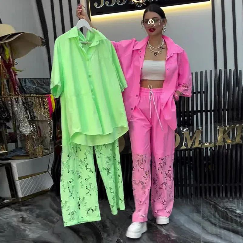 Mode Langarm-shirt Gespleißt Spitze Zwei-stück frauen Hosen Anzug Frühling Sommer Elegante Casual Solide Frau 2-stück Set Outfit
