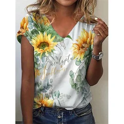 Summer Sunflower Floral 3D Print T Shirt Women V-Neck Casual Tee Y2k Tops Harajuku Streetwear Oversized T-shirts Woman Clothing