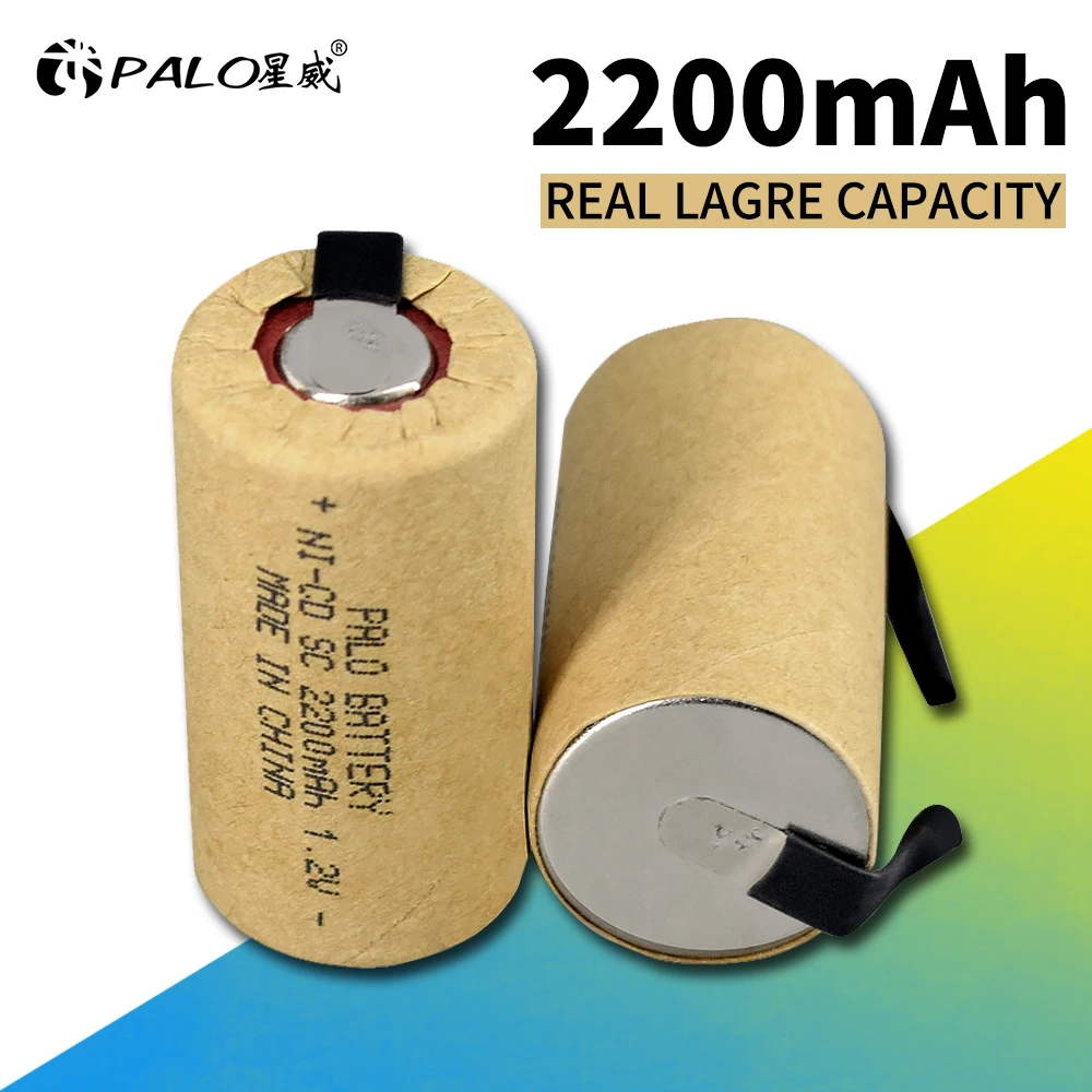 PALO 2200mAh Rechargeable 1.2V NICD SC Battery 1.2 Volts Sub C NI-CD Cell With Welding Tabs for Electric Drill Screwdriver