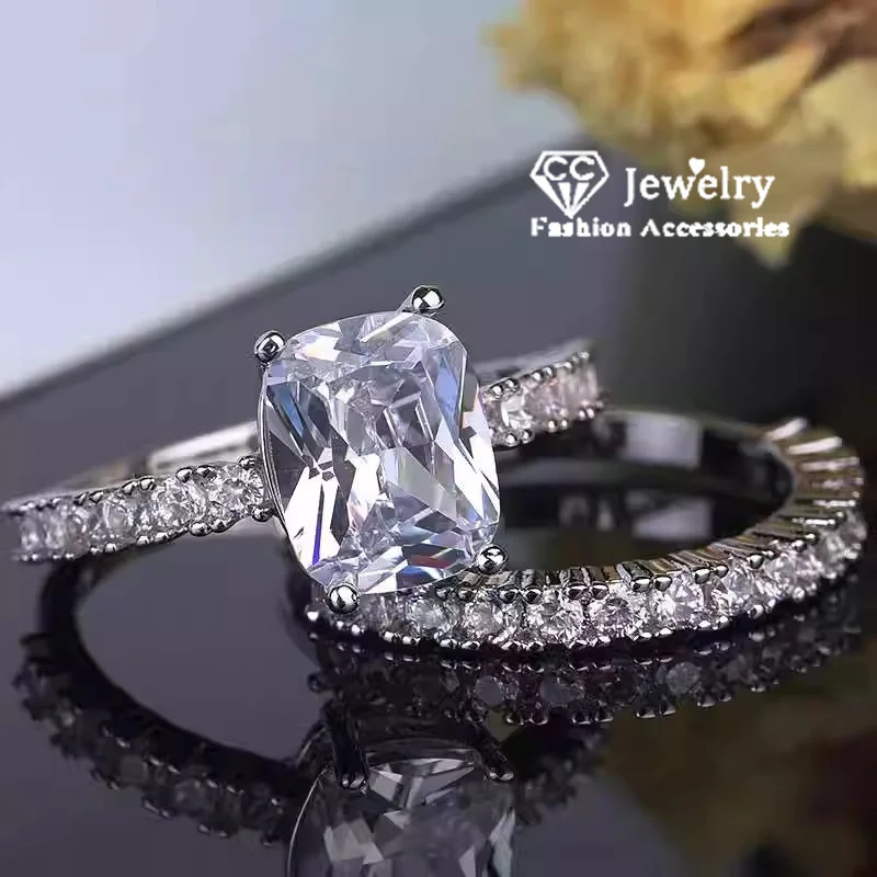 CC Double Rings For Women 2pcs Ring Set White Gold Plated Party Fashion Accessories Shine Wedding Engagement Jewelry CC3207