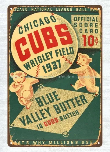 1937 baseball  Wrigley Field  Scorecard metal tin sign