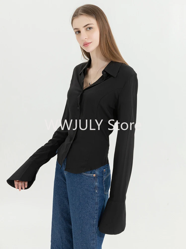 2024 New Women Retro Solid Color Slim Chiffon Shirt Turn-down Collar Flare Sleeve Tunic Bandage Design Female Blouses