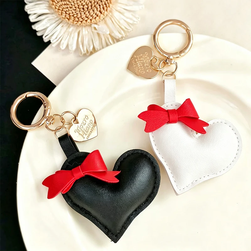 New Love Handmade Bow Decoration Leather Key Chain Peach Heart Pendant Car Accessories Hanging Rope Keychain Gift Wholesale
