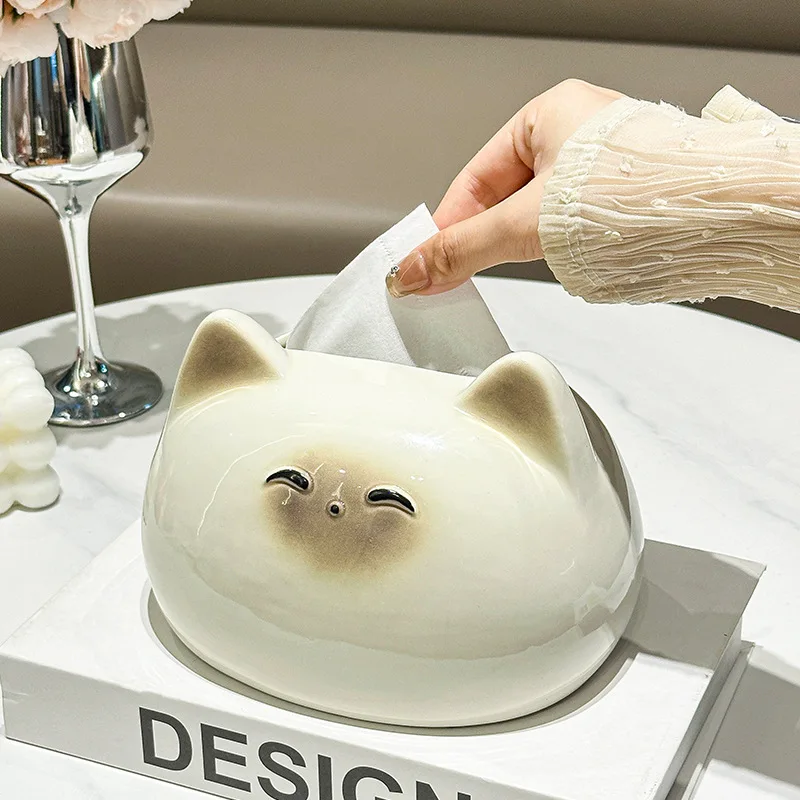 Creative Siamese Cat Tissue Box Cream Style Modern Luxury Ceramic Napkin Holder for Living Room Desktop