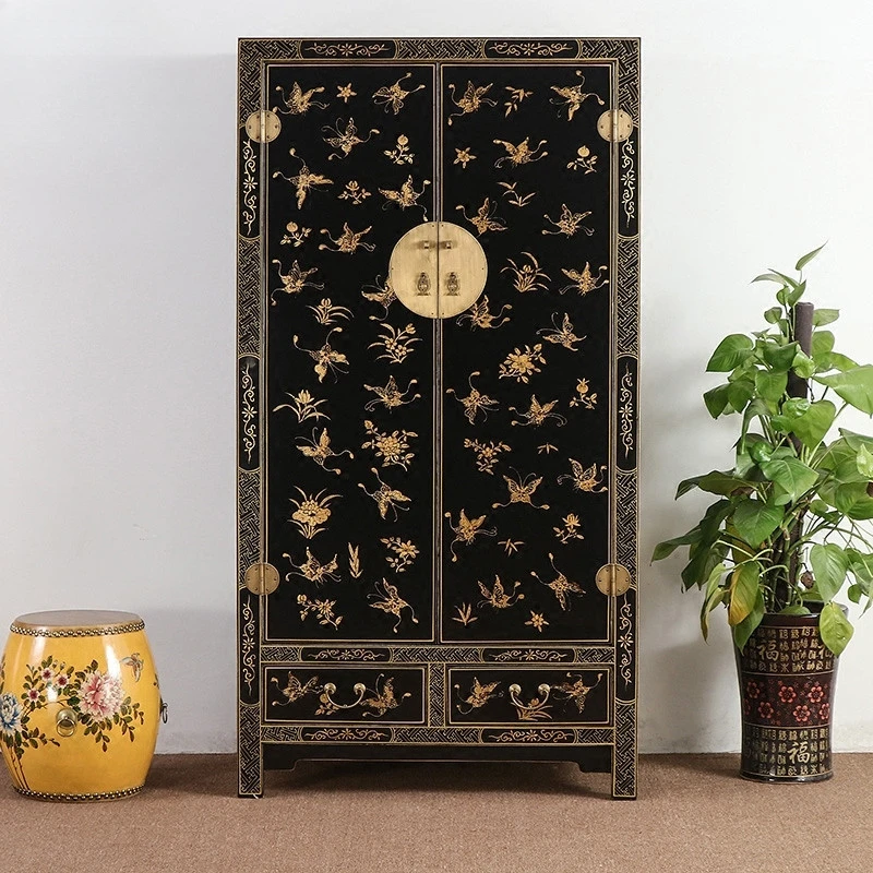 

Chinese hand-painted gold-painted wardrobe neoclassical elm bedroom cloakroom storage wardrobe multi-functional locker