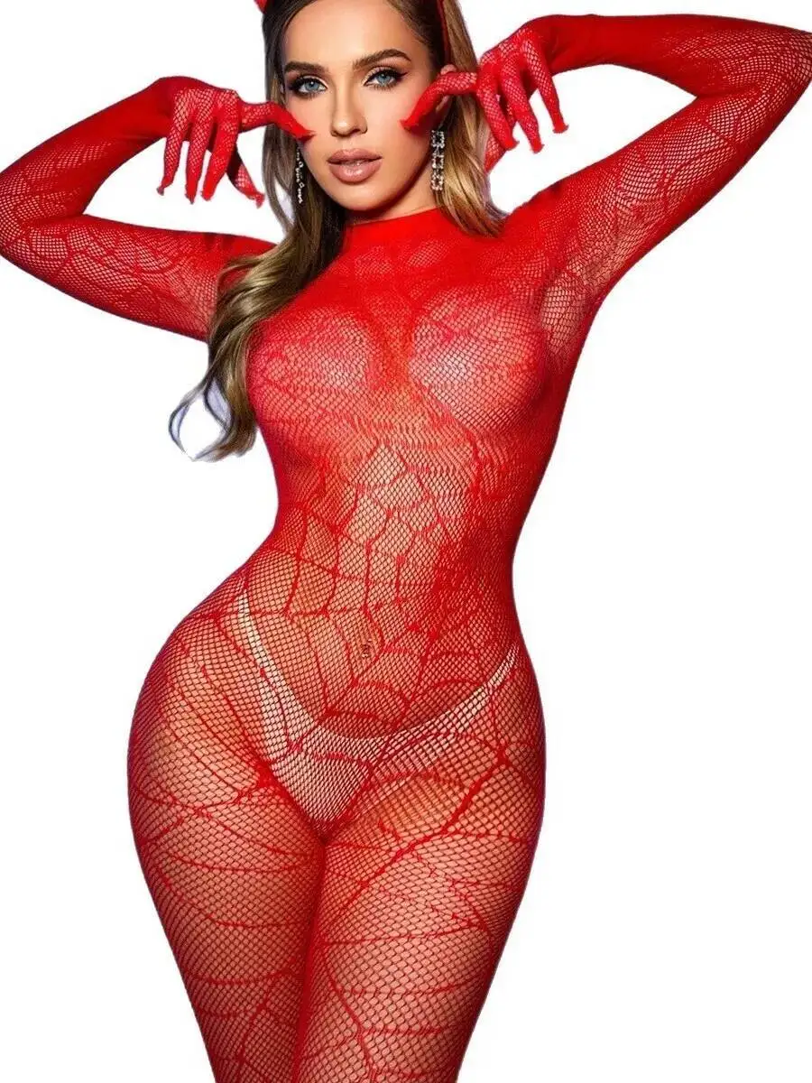 섹시한 Fishnet 바디 슈트 잠옷 긴 소매 등이없는 스파이더 웹 인쇄 긴 소매 레드 바디 슈트 순수한 욕망 매력적인 BTG0