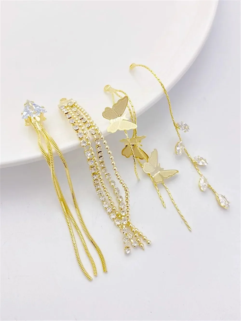 14K Color Gold Zircon Tassel with Hanging Chain Earring Pendant Handmade DIY Stud Earrings Ear Accessories Accessories L087