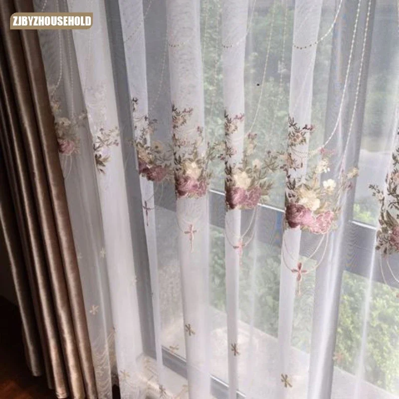 

French Curtains for Living Dining Room Bedroom Romantic Embroidered Korean Rustic White Gauze Curtains