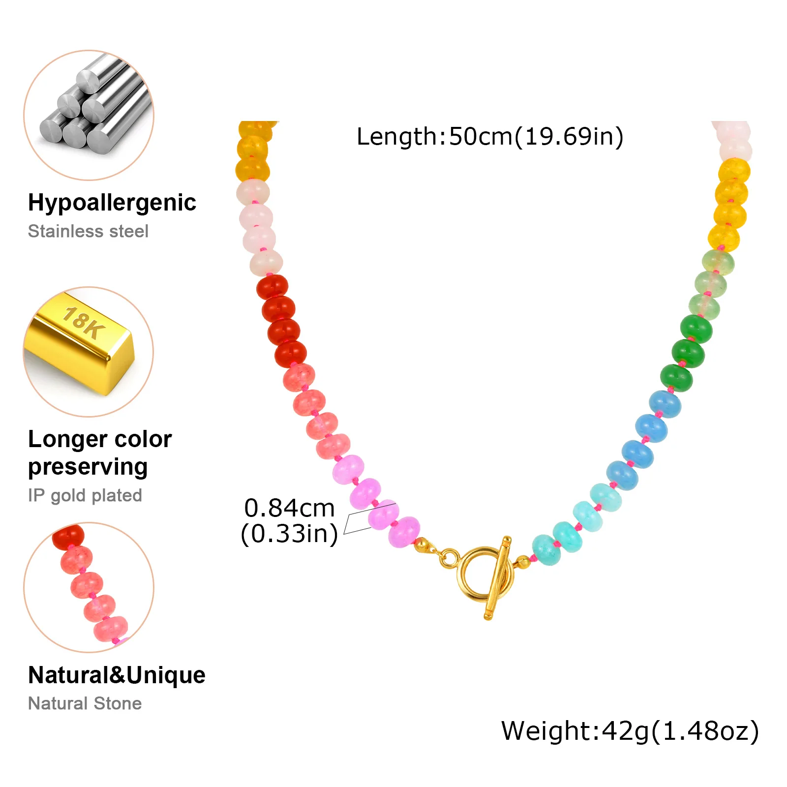 Boho Colorful Natural Stone Necklace for Women, Stainless Steel OT Buckle Rainbow Bead Choker Necklace ,Summer Handmade Jewelry