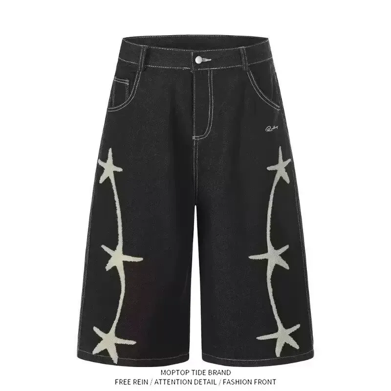 

Retro American Star Embroidery Trendy Denim Shorts Unisex Loose Straight Leg Five-Quarter Pants Youth Summer Casual Jeans