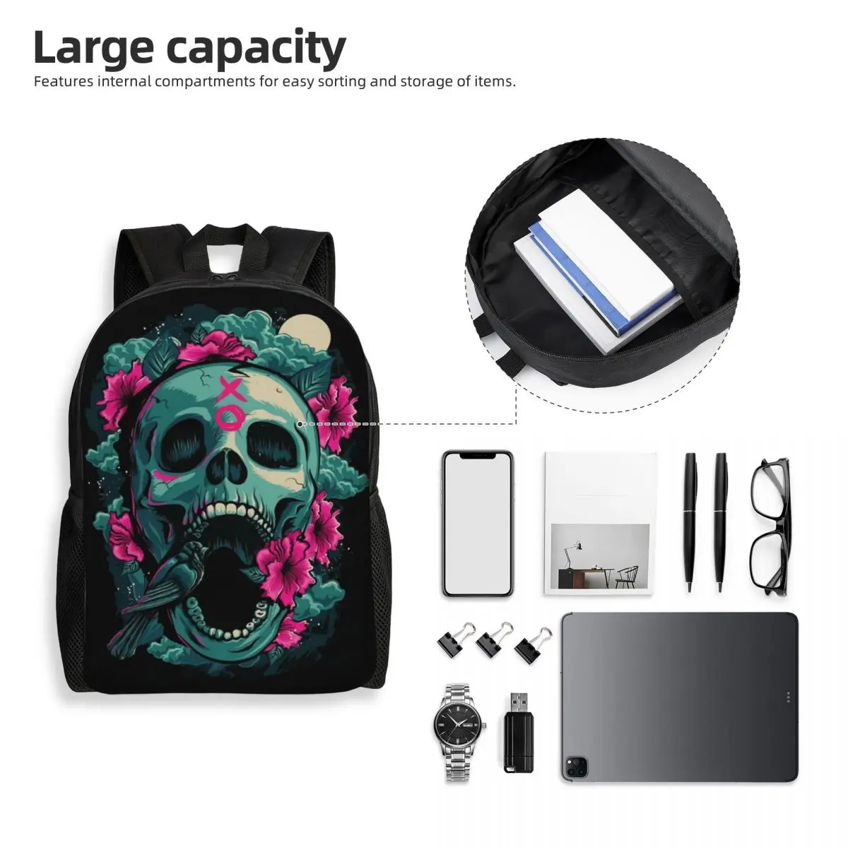 Mochila con calavera de terror para ordenador portátil para hombre y mujer, bolsa de libros básica para estudiante universitario, bolsas mágicas de Halloween