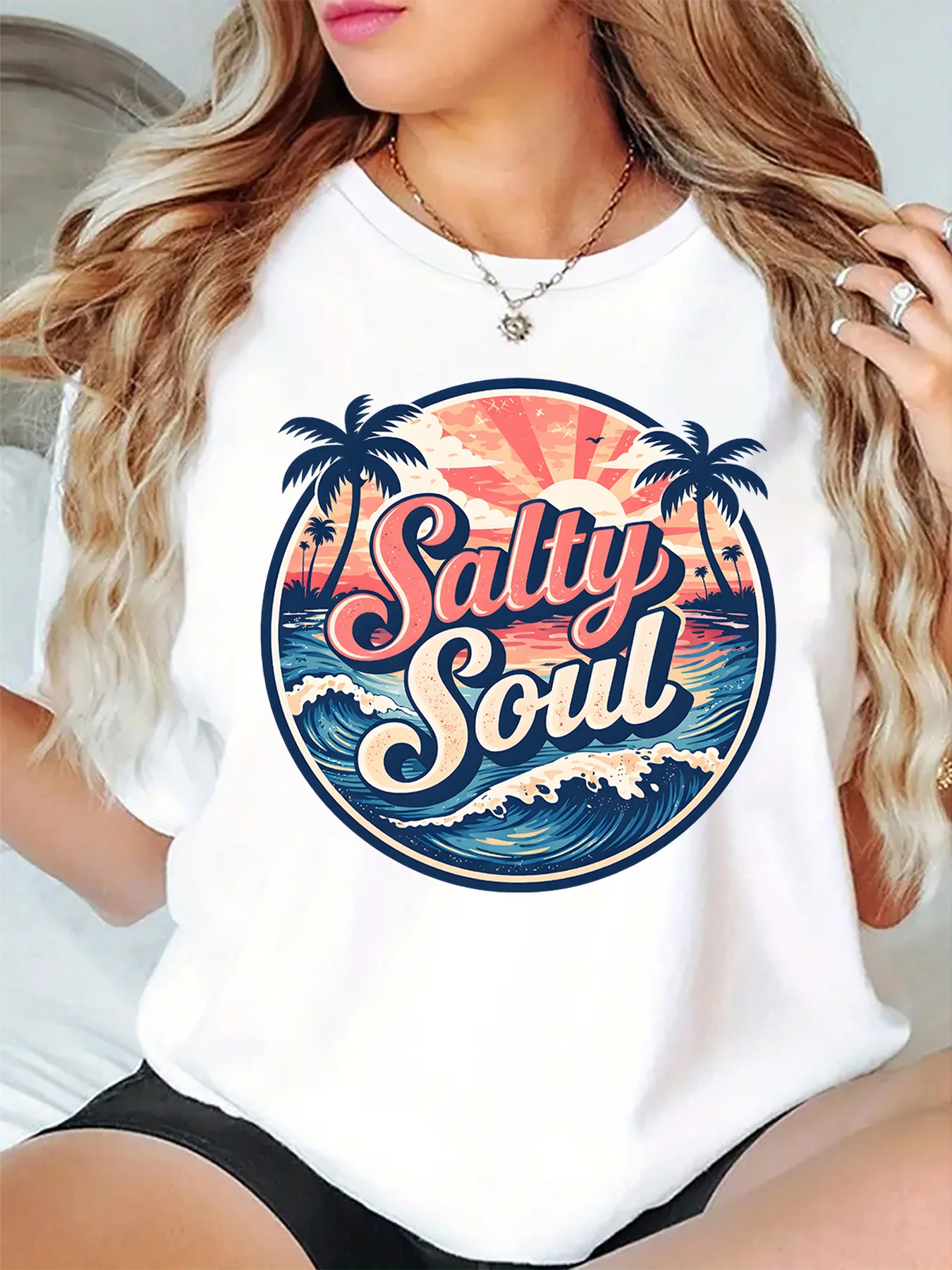 Salty Soul Retro Palm Tree Ocean Wave Sunset Graphic Womens T Shirt Short Sleeve Crew Neck Summer Beach Casual Ladies Tee Tops