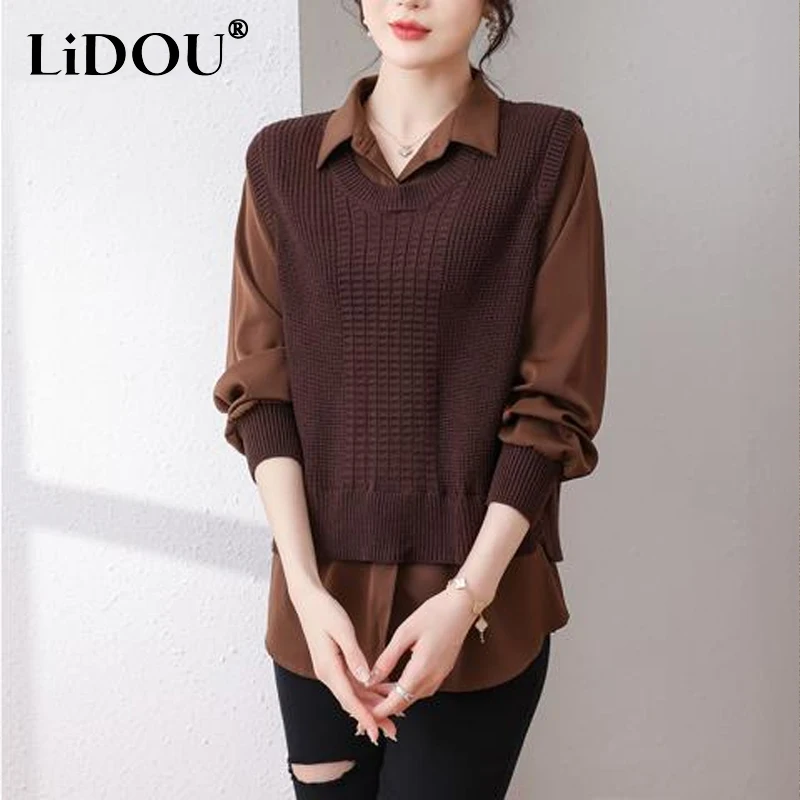 

Spring Autumn New Solid Color Fashion Long Sleeve Fake Two Pieces Shirt Women High Street Knitting Patchwork Button Pullovers