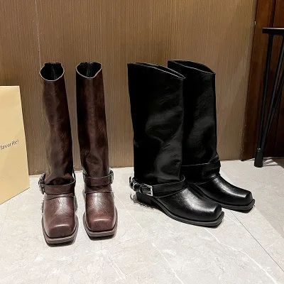 

2025 Autumn/Winter New Buckle Western Cowboy Boots Women's Retro Coarse Heel Tall Knight Long Boots Not Over Knee Boots