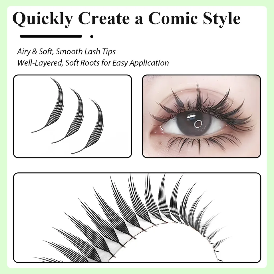 Racimos de pestañas manga cómic 3D Pluma Anime Abanicos premoldeados Individuales Extensión de pestañas Naturales Para maquillaje de ojos 5