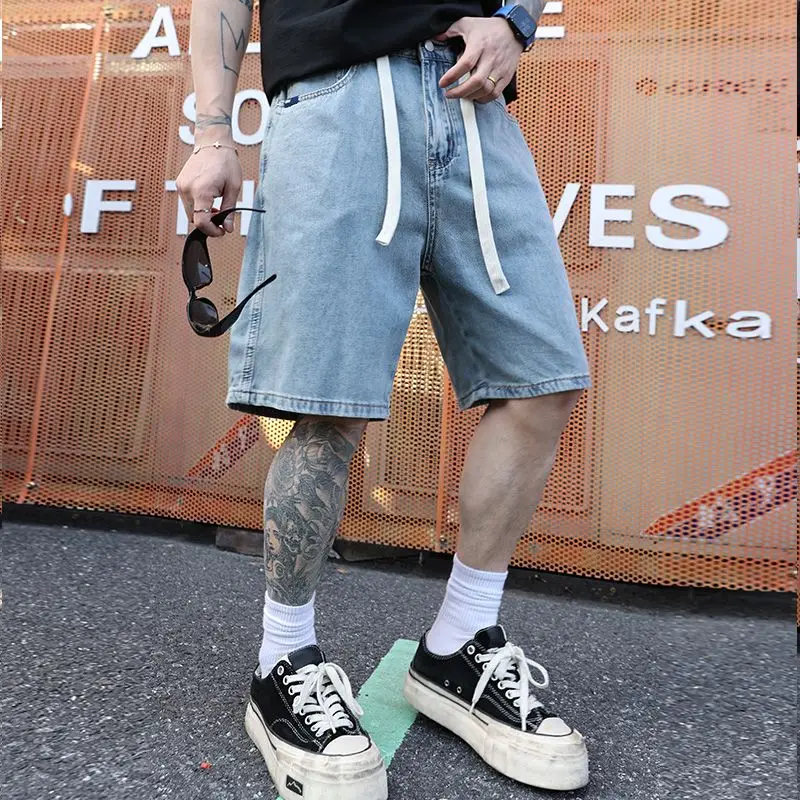 Amerikanischen Y2K Licht Luxus Qualität Retro Denim Shorts Sommer Hip Hop INS Männer Lose Rasur Jacquard Paar Denim Fünf Punkt Hosen