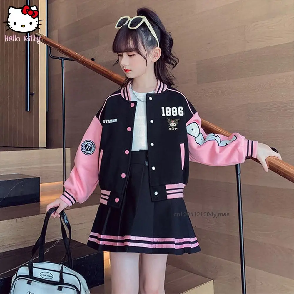 

2Pcs Kawaii Kids Baseball Jacket Pleated Skirt Set Anime Teen Zipper Jacket Fashion Tops Tops Short Skirt Student Casual Wear
