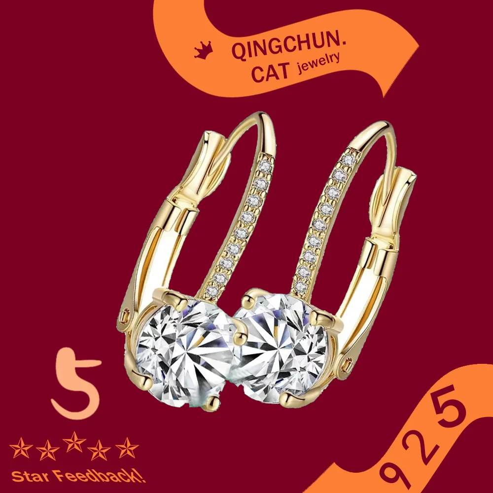 

Women Hook Drop Earrings Gift Luxury Shine Stamp 925 Sterling Silver Post Gold Plated Earrings Inlaid Boutique White Zircon 2026