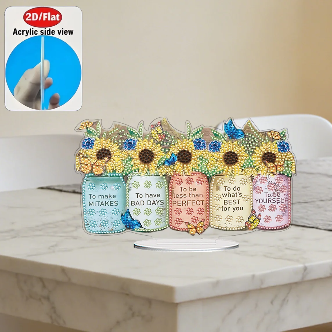 2D / Flat 1pc Sunflower  Figurine Acrylic Welcome Plaque Diamond Painting Desktop Ornament Set, Shiny Wall Decor, Holiday Gift