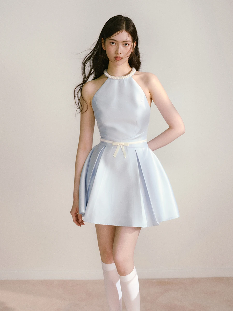 REDDACHiC レディース パール ホルター パーティードレス エレガント サテン オフショルダー リボン プリーツ ミニドレス 卒業式 フォーマル 夏 ワンピース