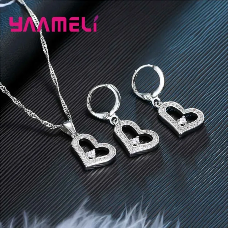 Simple Generous Heart Shape 925 Sterling Silver Birthday Gift Jewelry Sets Crystal Necklace Earring Women Decoration Set