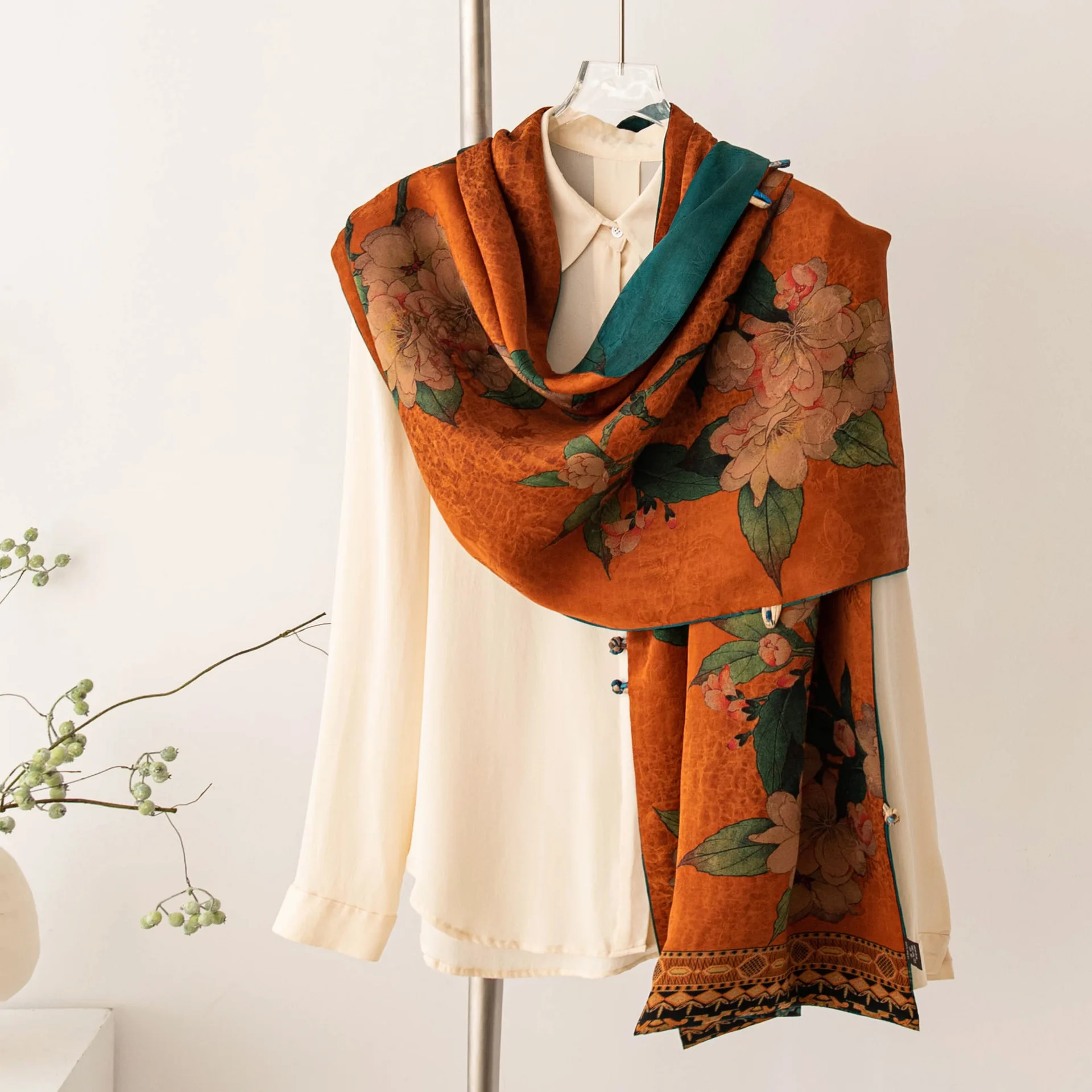 Fragrant cloud yarn double-layer buckle shawl double-sided printed long scarf plain elegant temperament women's vacation shawl