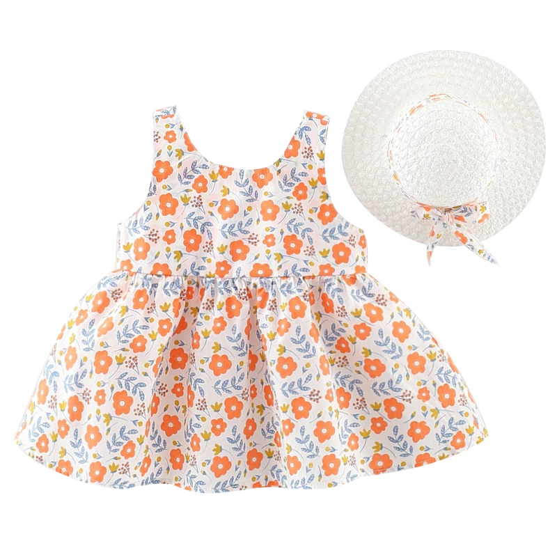 

2Piece Set Summer Dress Baby Girl Dresses Korean Cute Flowers Bow Sleeveless Cotton Beach Dress+Sunhat Newborn Clothes BC563