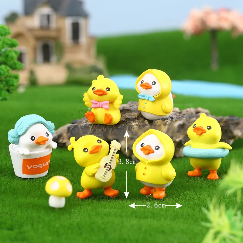 6pcs Umbrella Raincoat Cartoon Duck Mini Ducks Miniature Figurine Ornaments Yellow Ducklings Fairy Garden Terrarium Decoration