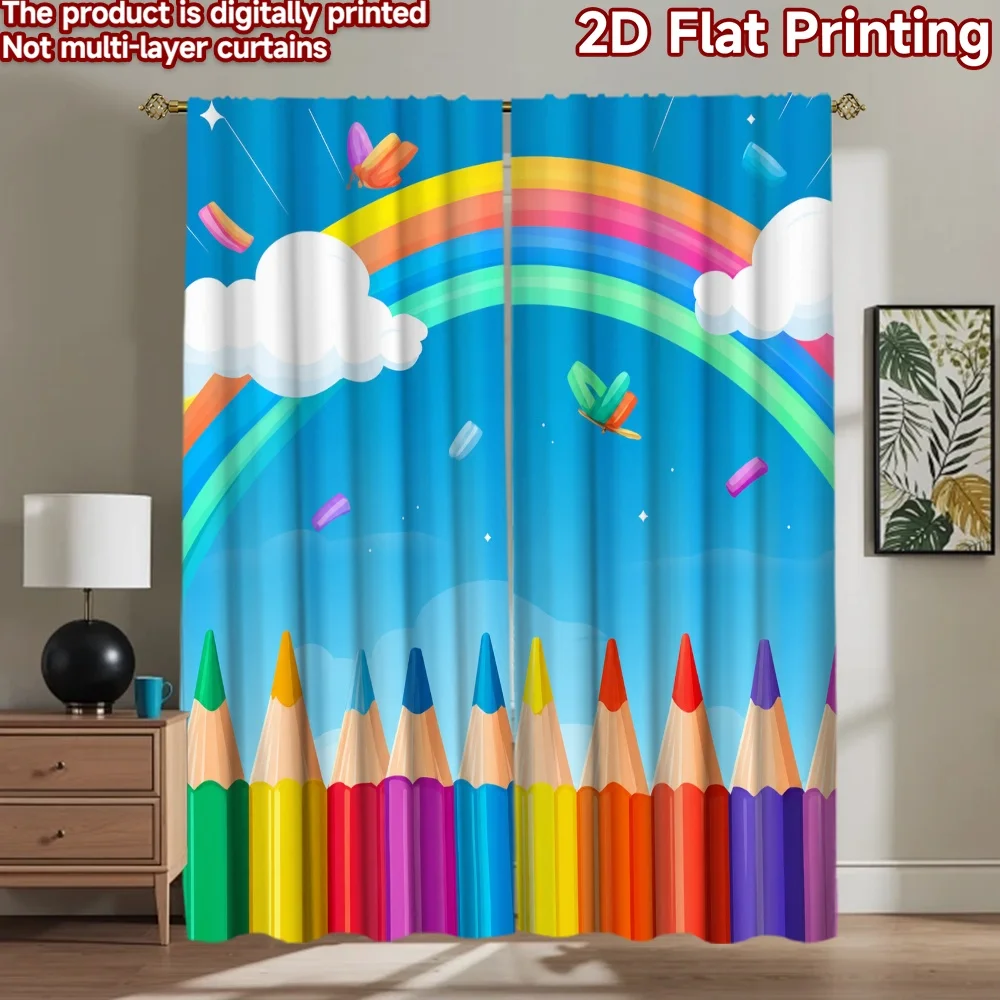 2D flat 2pcs Curtain Vintage drapes Curtains Rainbow and Colored Pencils Digitally printed polyester Festive Wall Decor for All