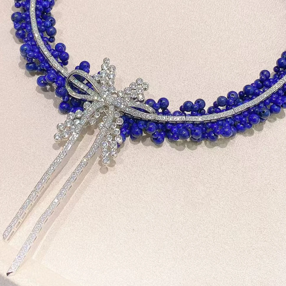 

KQDANCE Hand Make Solid 925 Silver Carbon Diamond Blue Lapis Lazuli Gemstone Butterfly BowKnot Choker Necklaces Party Jewelry