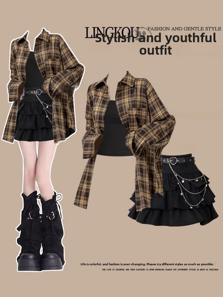 

High Waist Plaid Shirt And Belted Skirt Set Women's Vintage Spring Autumn Short Cake Skirt Three Piece Set Sexy Girl Style