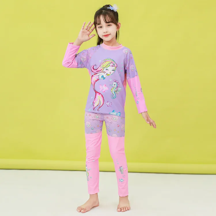 Kinderbadpak uit één stuk met lange mouwen MeisjesZonnebrandcrème Cartoon Badmode Studenten Hete lente Sneldrogend zwempak