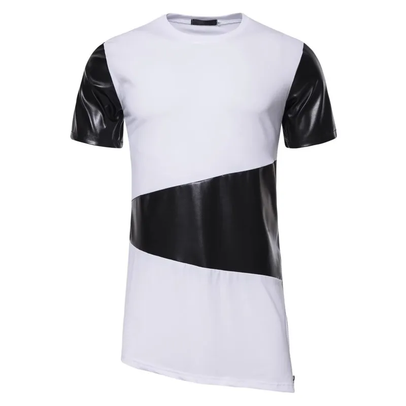 PU Leather Patchwork Side Zipper T Shirts for Men Summer Steampunk Casual Hip Hop Longline Streetwear Mens Camisetas Tops Tee