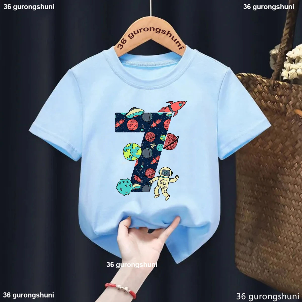 Kinder 7. Geburtstag Raum und Astronauten gedruckt T-Shirt Mädchen/Jungen lustige Kinder Kleidung Sommer weiß/grau/blau/gelb T-Shirt Tops