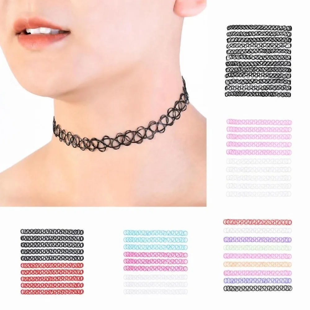 12Pcs/Set Colorful Fishline Necklaces Set Elastic Braided Black Layered Set Punk Style Short Fish Thread Choker Gothic Style