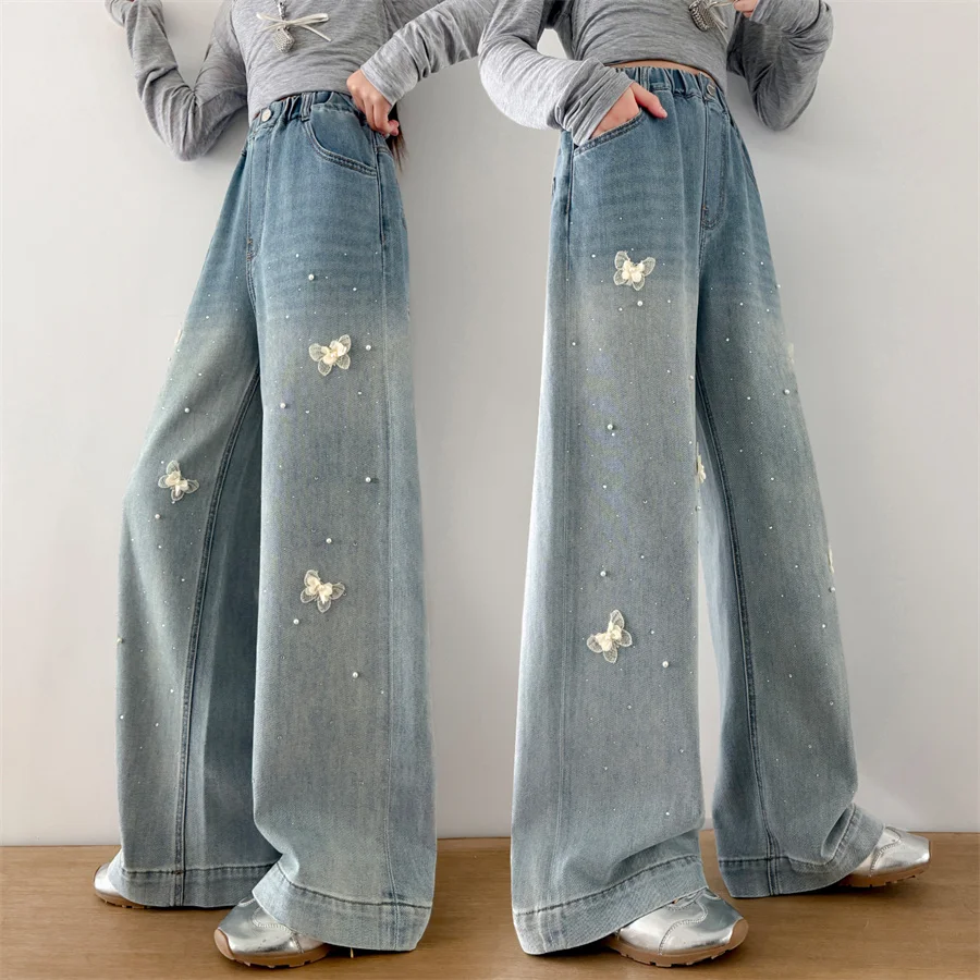 

New Fashion Kids Girl High Street Large Size Straight Leg Jeans with Butterflies And Pearl y2k Trousers Children Denim Pants