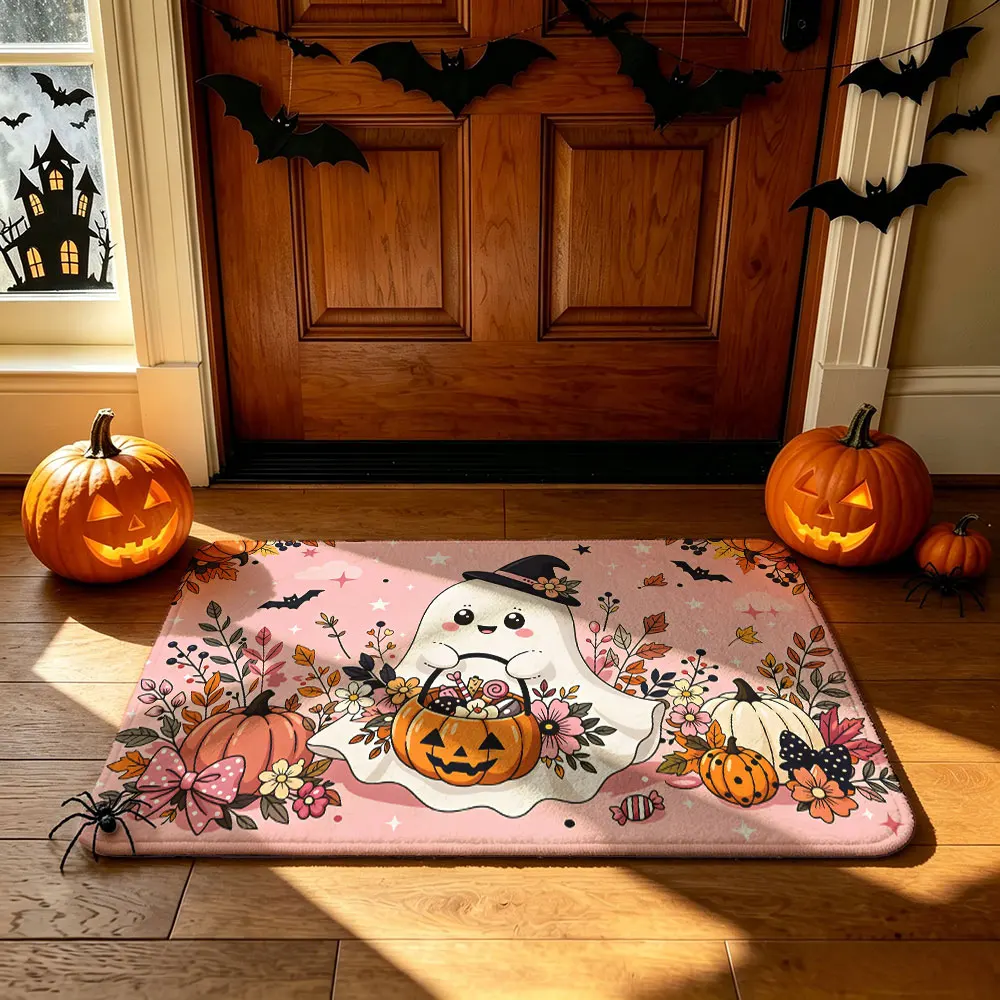 Home entrance water-absorbent floor mat pink background cute ghost pumpkin flower bouquet decorations suitable decoration