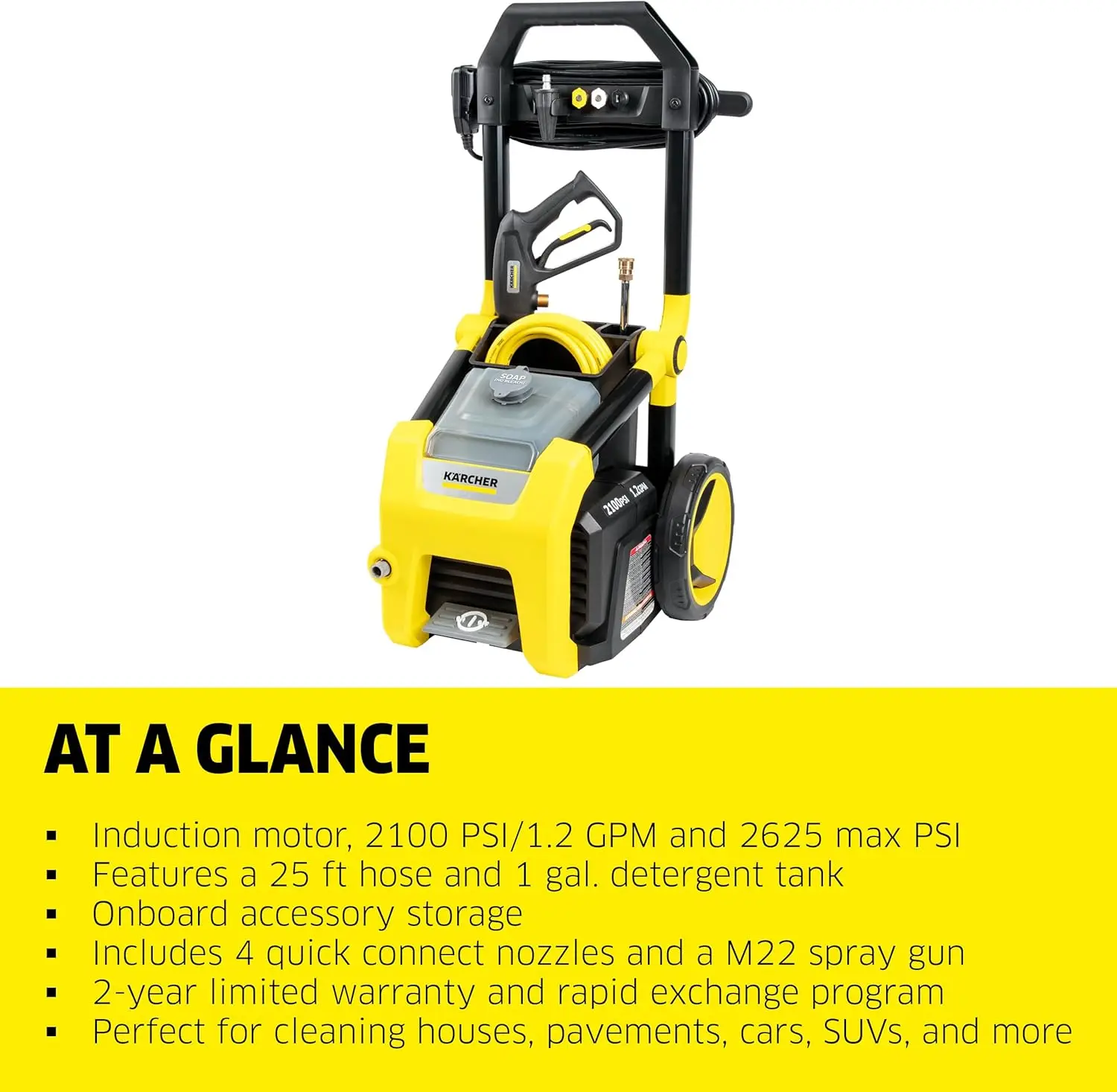 Kärcher K2100PS Max 2625 PSI Electric Pressure Washer with 4 Spray Nozzles - Great for cleaning Cars, Siding,