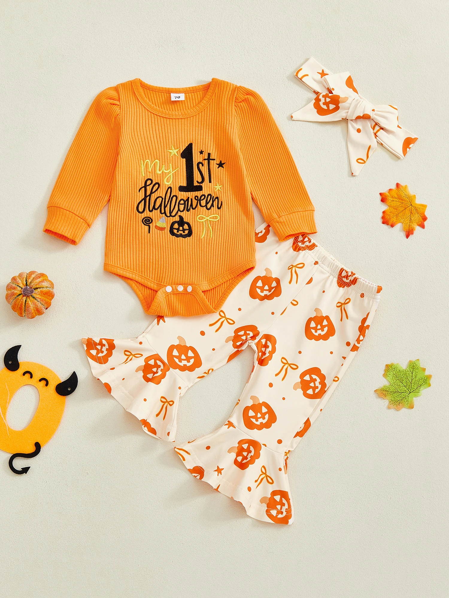 

Toddler Girls Halloween Costume Pumpkin Print Long Sleeve Romper and Flared Pants Set with Headband - Witchy Cute Outfit for