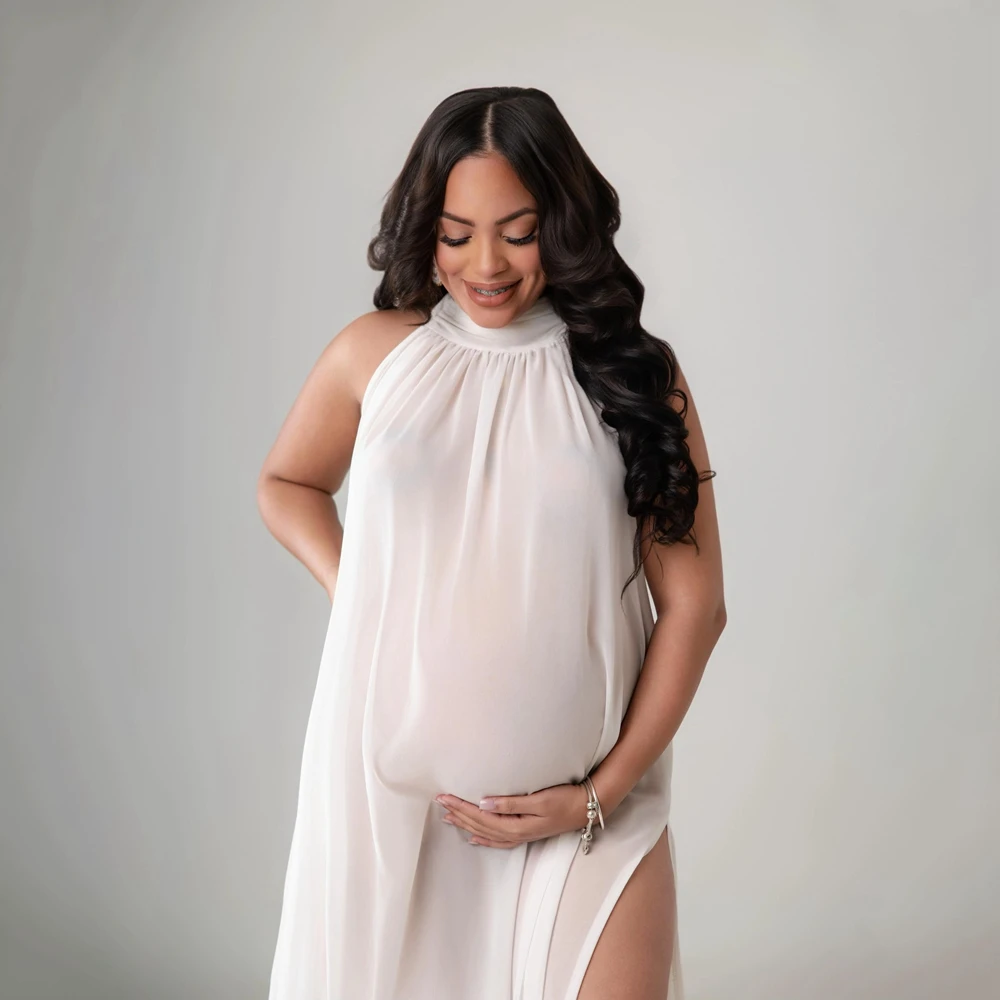 Halter Maternity Photography Dresses Chiffon Backless Pregnant Photo Shoot Gown High Split Pregnancy Studio Posing Clothing view 3