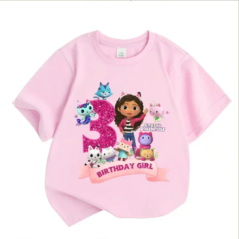 Gabbys Dollhouses Geburtstags-T-Shirt für Mädchen, weiß, rosa, kurzärmelig, Oberteile, Baumwolle, Sommer, Freizeit, Partyartikel, T-Shirt. – Detail 2