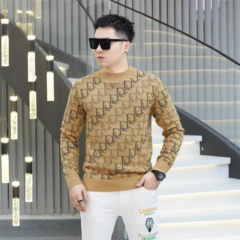 

Мужской вязаный свитер с круглым вырезом и вышивкой букв, теплый, универсальный, модный, для повседневной носки