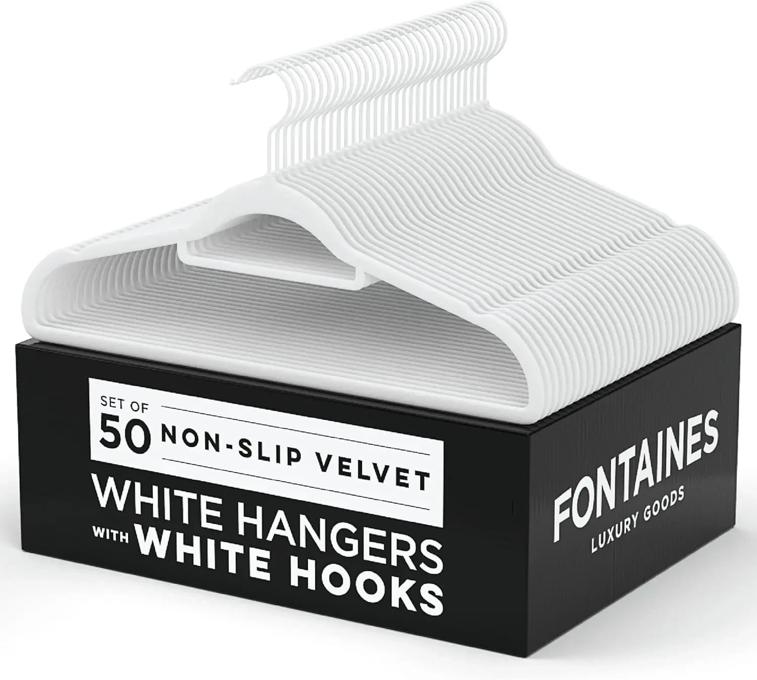 

Fontaines Luxury White Velvet Felt Non Slip Clothes Hangers 50 Pack - Ultra Slim & Space Saving-Heavy Duty Swivel White Hook for