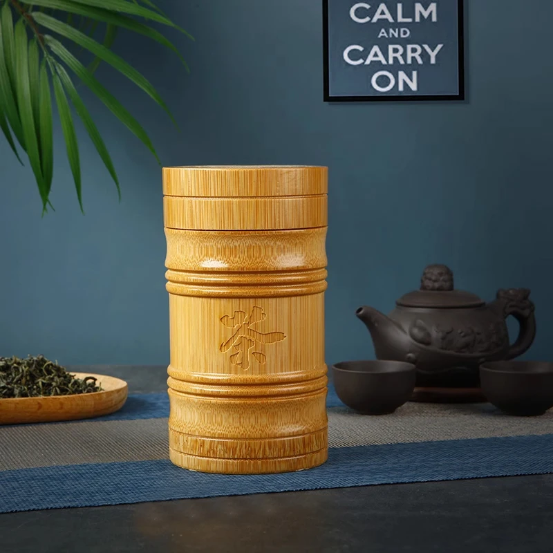 Handmade Bamboo Tea Storage Box Chinese Carved Tea Canister Lid Seal Kitchen Storage Jars  Spice Box Case Organizer