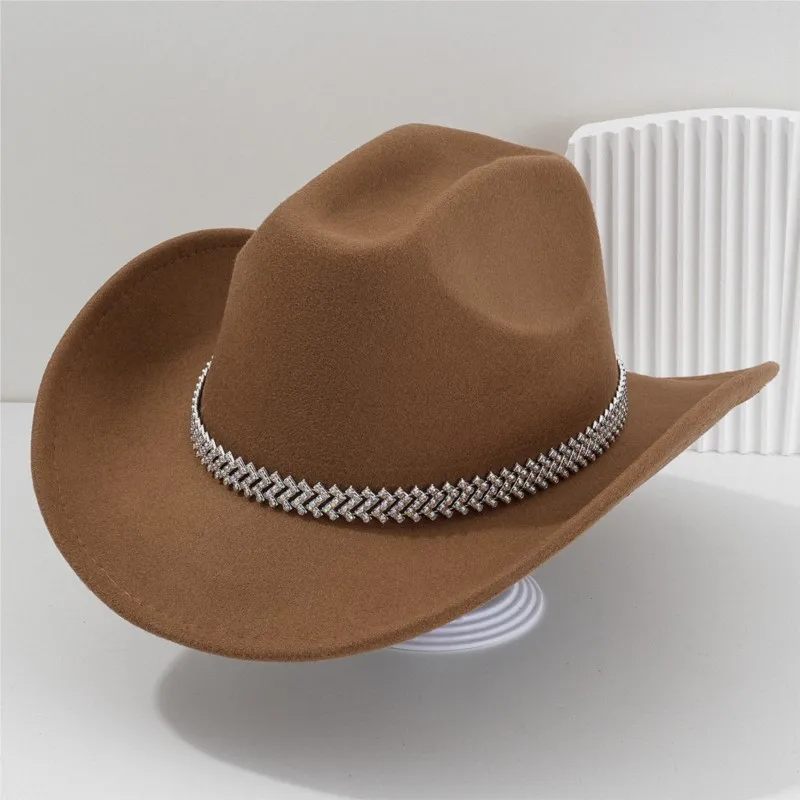 A wide brim women's top hat for outings parties and balls featuring fedora woven water hose chain